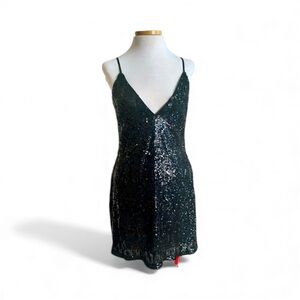 NWT Ramy Brook Lila Sequin Plunge Neck Skinny Straps Stretch Mini Dress Black 8